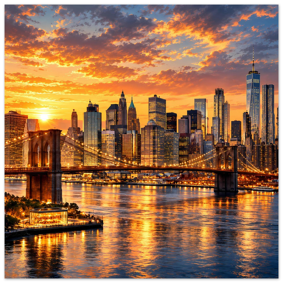 Poster mit Stadtskyline bei Sonnenuntergang, Hängebrücke und Spiegelungen im Fluss
