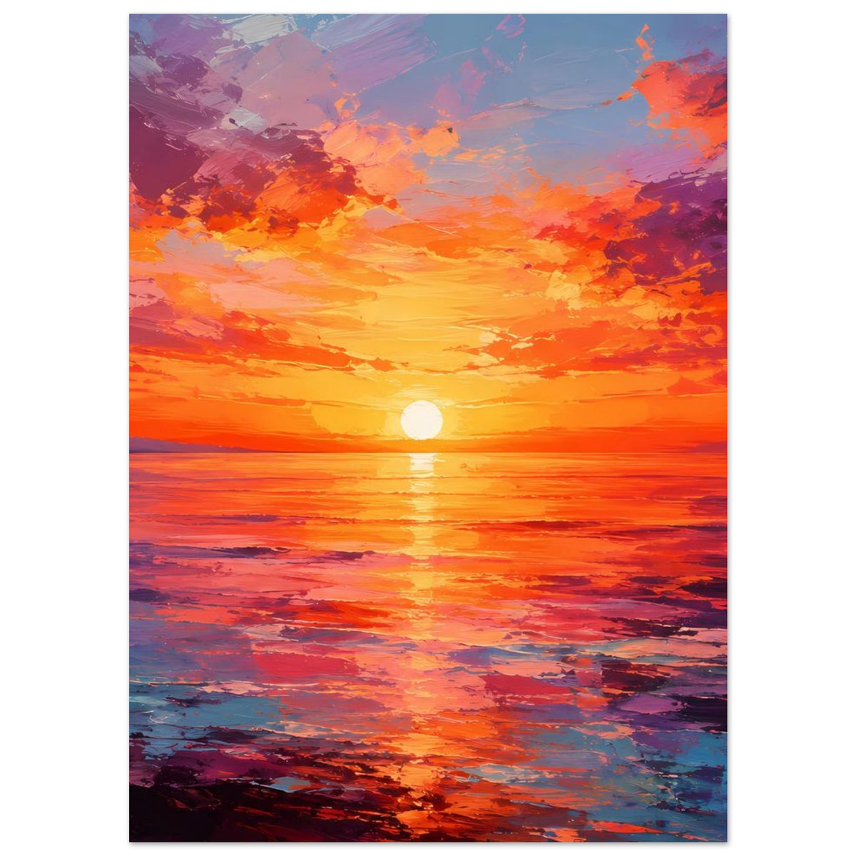 Poster Sonnenuntergang über dem Meer, orange Wolken und violette Schatten, Sonne im Wasser reflektiert
