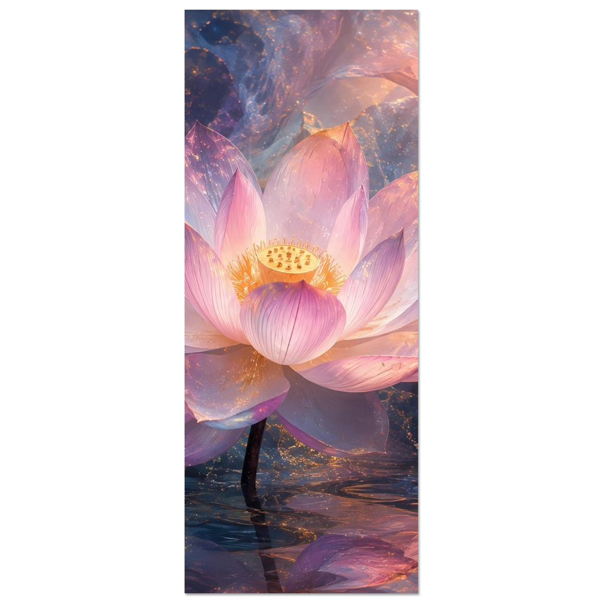 Vertikales Lotus-Blumenposter mit Seerose im Zentrum, Pastellrosa und bläuliche Töne