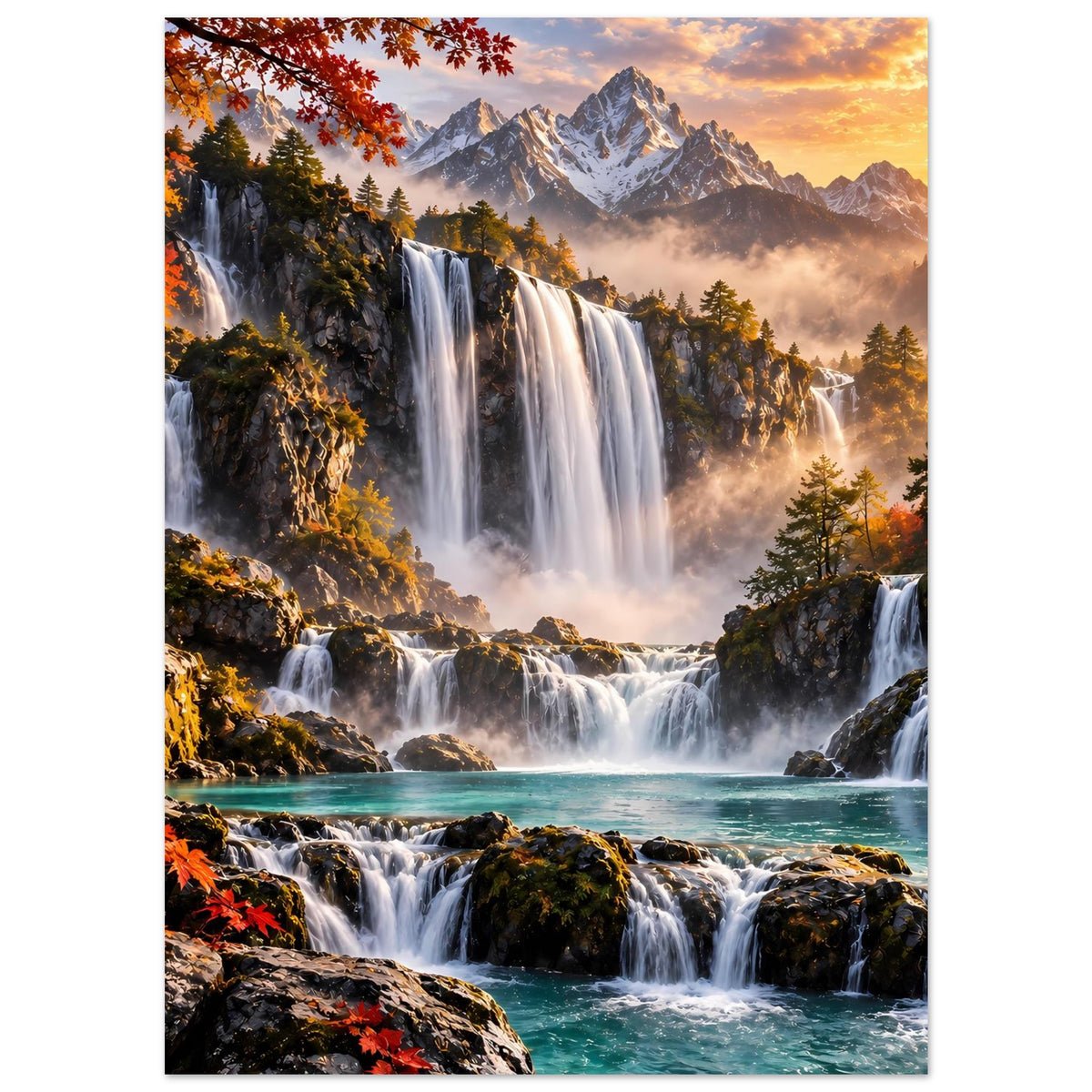 Poster mit Wasserfällen, Herbstbäumen und Berggipfeln im goldenen Licht