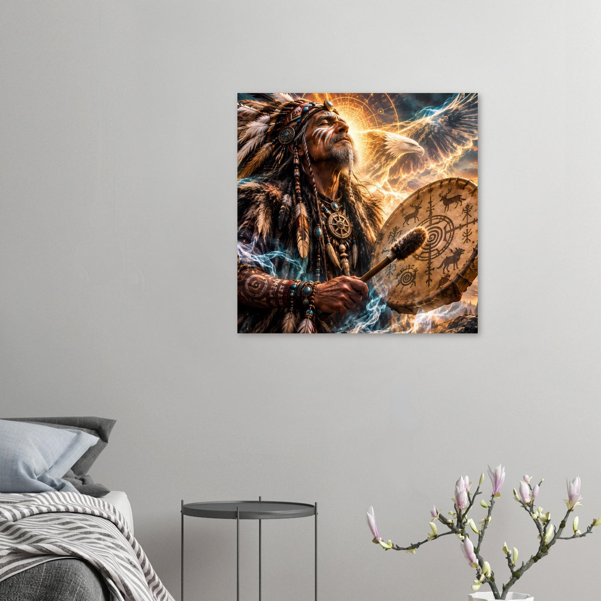 Fantasy-Poster klein: Schamane mit Trommel, goldenem Adler, Lichtring und Runen