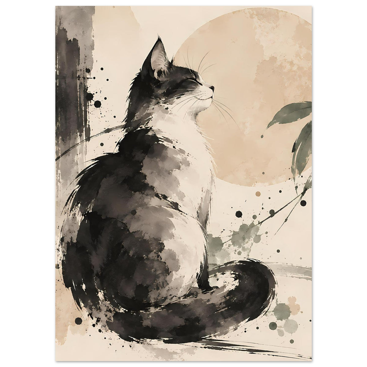 Poster mit Katzenmotiv, sitzende Schwarz-Grau Katze und Spritzer-Texturen