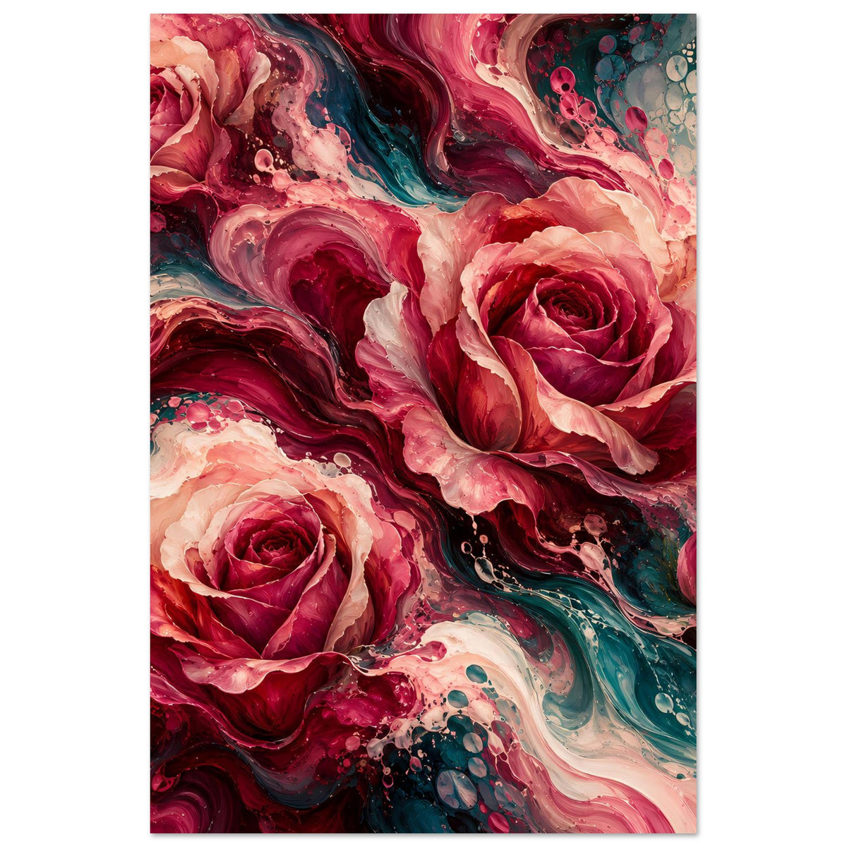 Hochformat-Poster mit roten Rosenblüten, türkisfarbenen Wirbeln und pastellfarbenen Farbflächen.