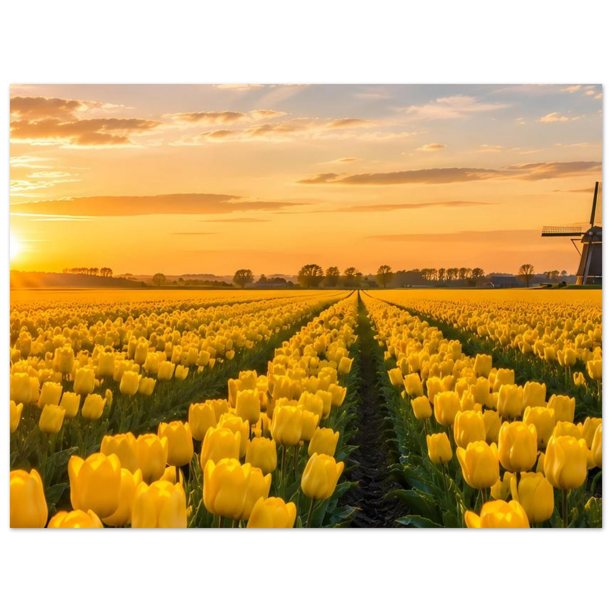 Querformat-Poster mit gelbem Tulpenfeld und Mittelweg, Windmühle rechts am Bildrand