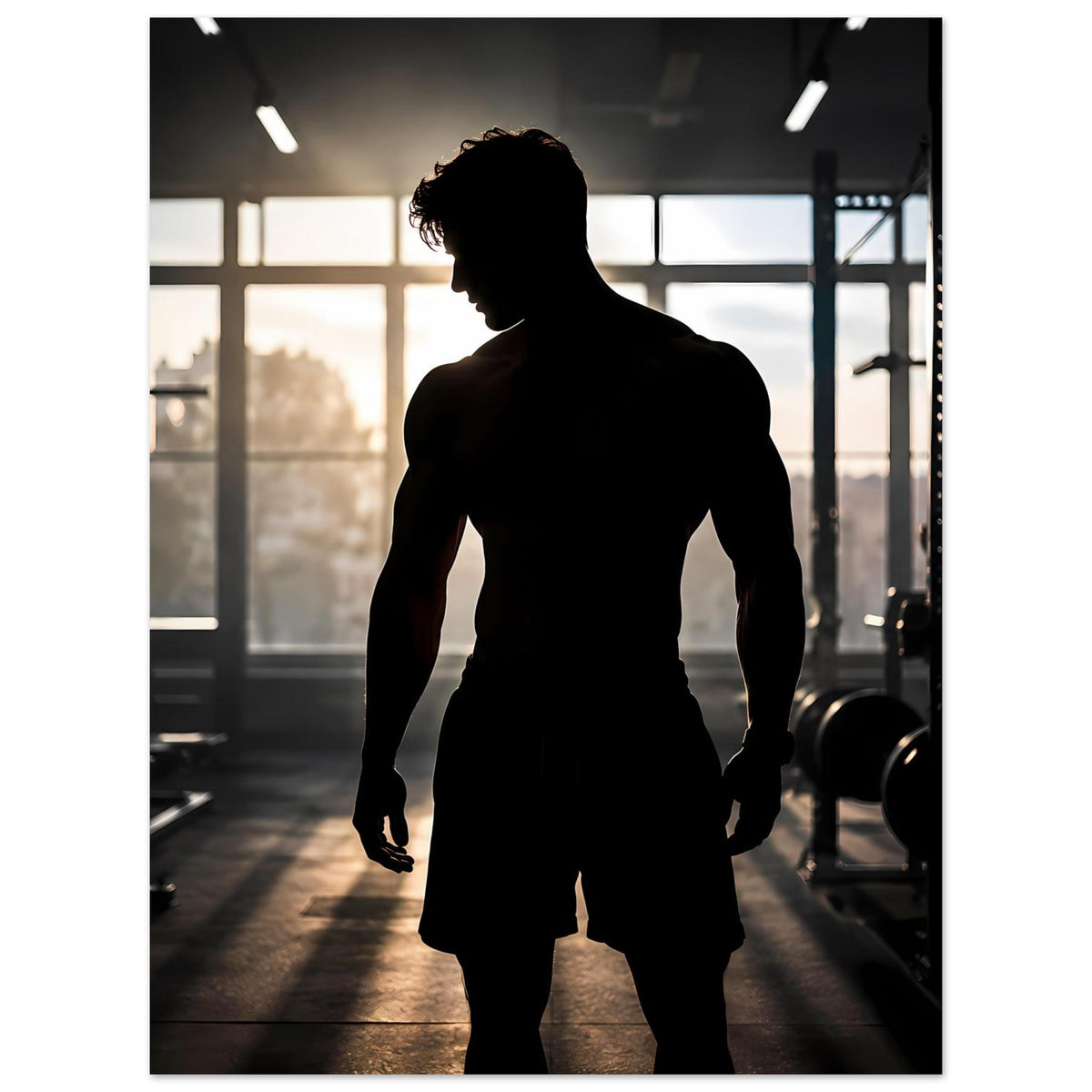 Vertikales Poster mit Silhouette eines Mannes im Fitnessstudio, Blick nach links