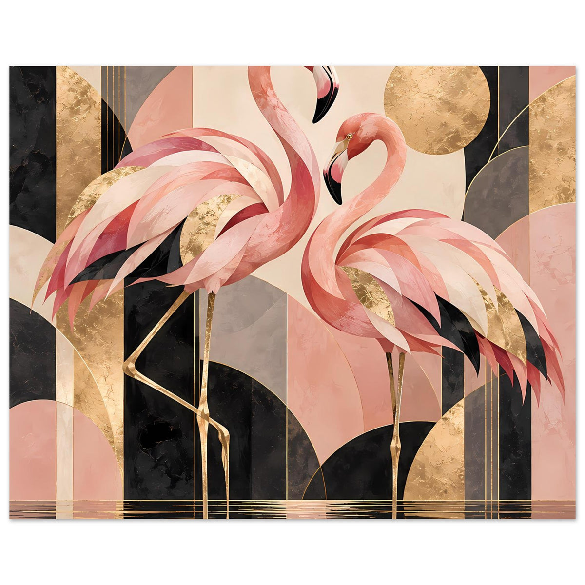 Zwei rosa Flamingos vor geometrischem Hintergrund mit Goldakzenten in Schwarz und Creme – Posteransicht 16