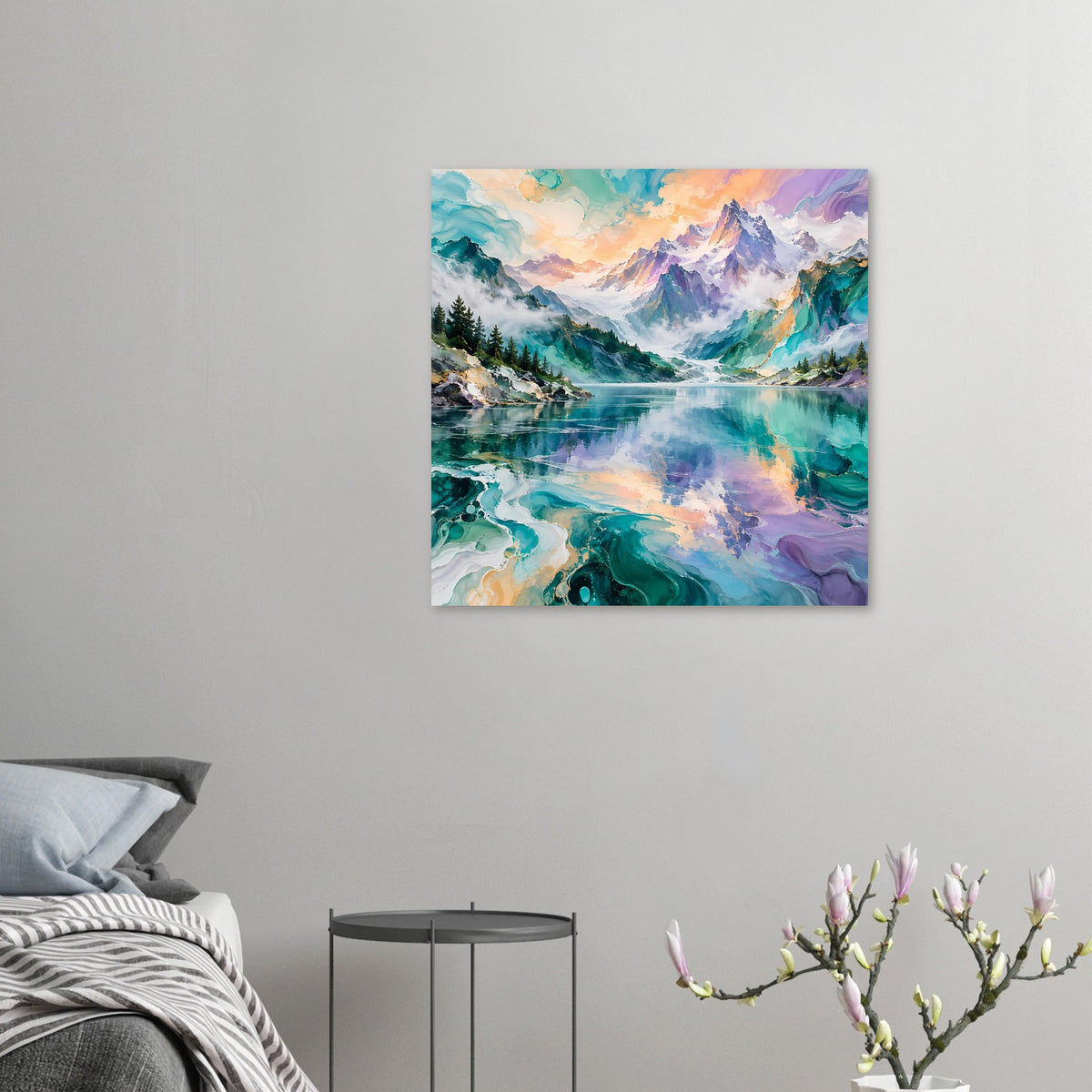 Kleines Poster mit Berglandschaft, türkisfarbenem Wasser und violetter Bergkette, gerahmt