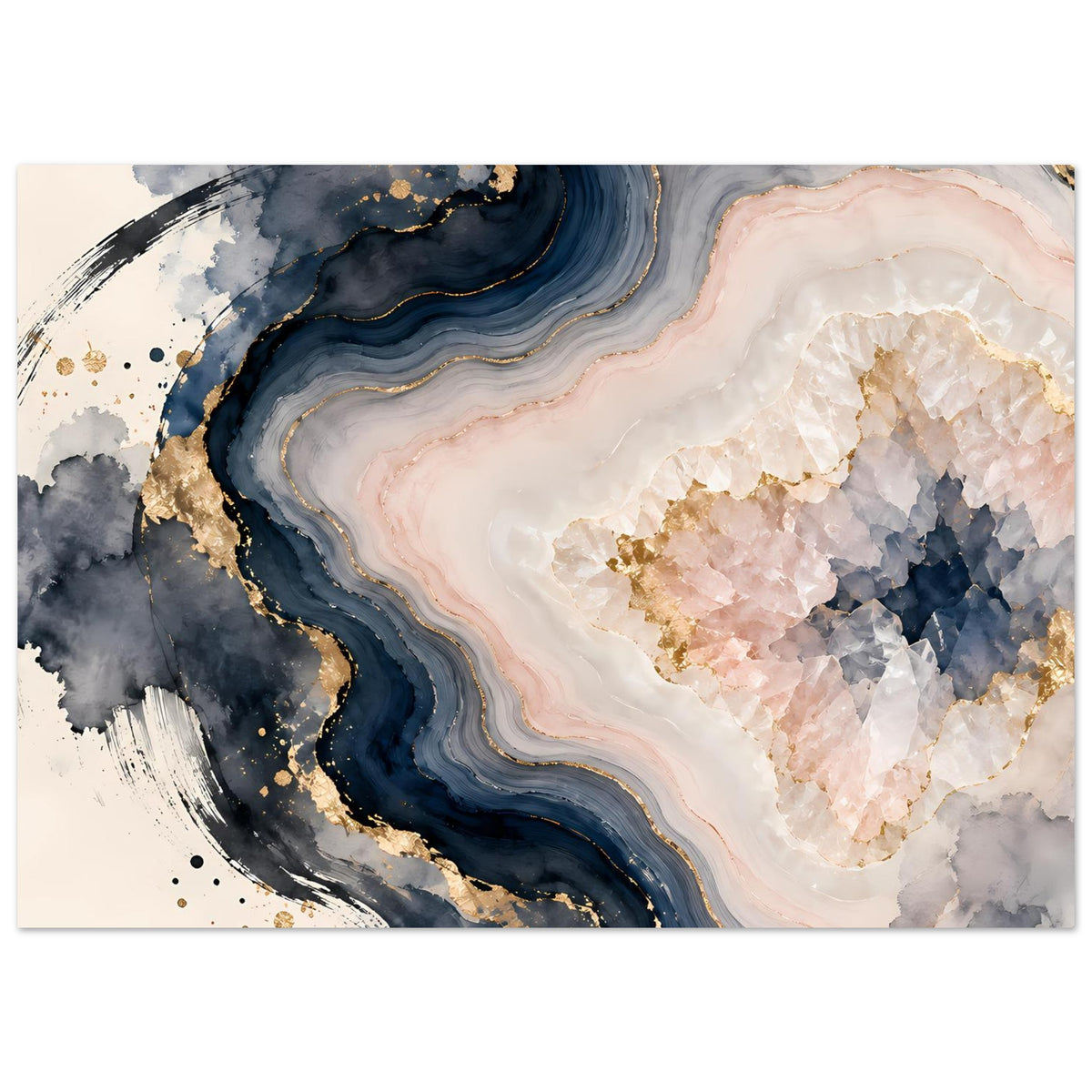Abstraktes Geoden-Poster, horizontal, mit weiß-roser Zone, blauem Rand und Goldsprenkeln