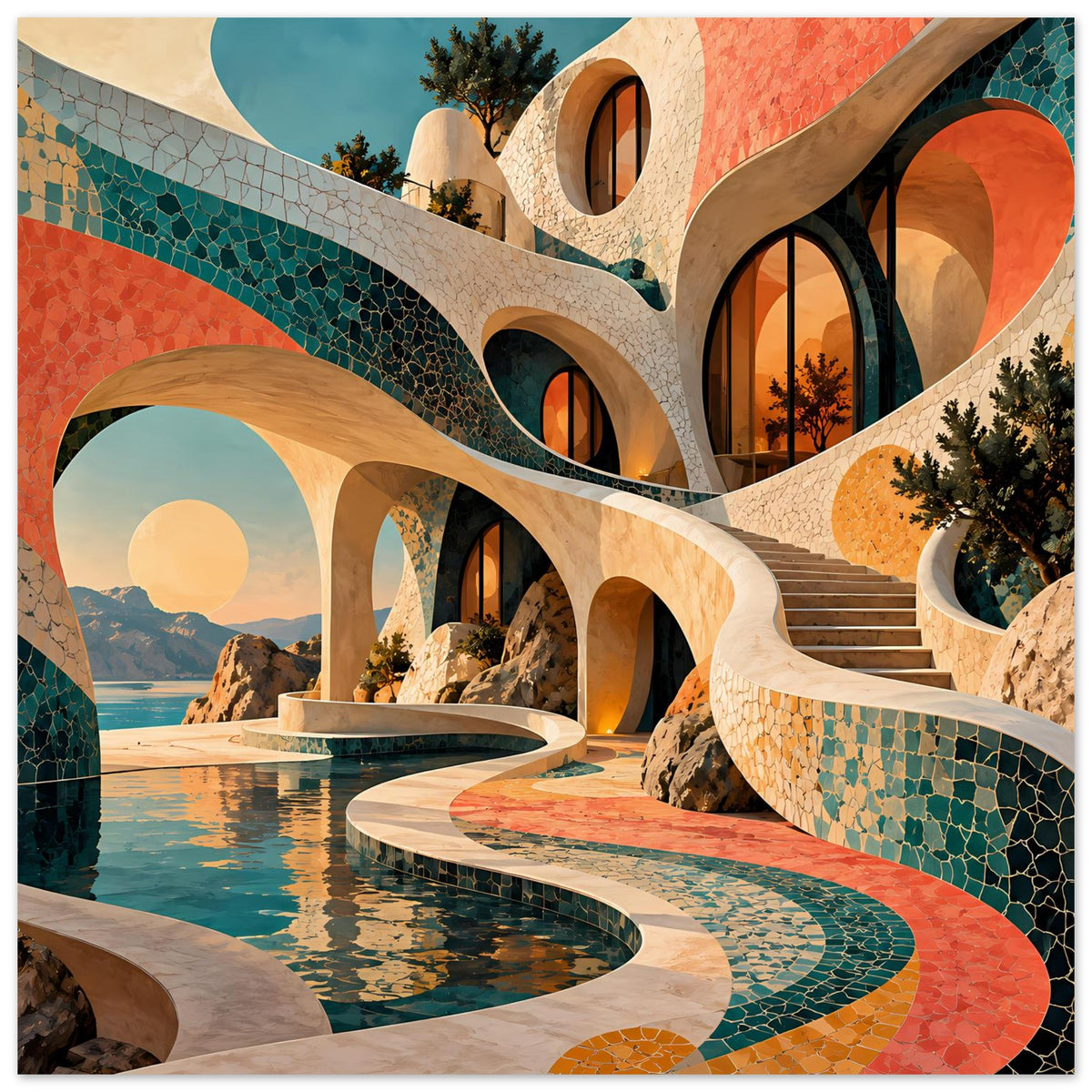 Kunstposter mit Mosaik-Architektur: türkis-grüne und korallrote Bögen über rundem Pool