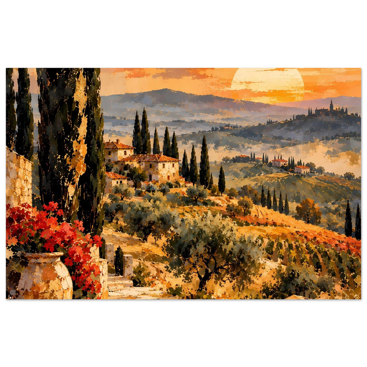Horizontales Poster mit Toskana-Landschaft: Zypressen, Weinberge, Villen und Abendhimmel mit Sonne