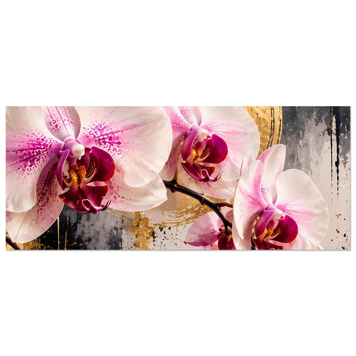 Orchideen-Poster im Querformat: große weiße Orchideenblüten über goldfarbenem Kreis