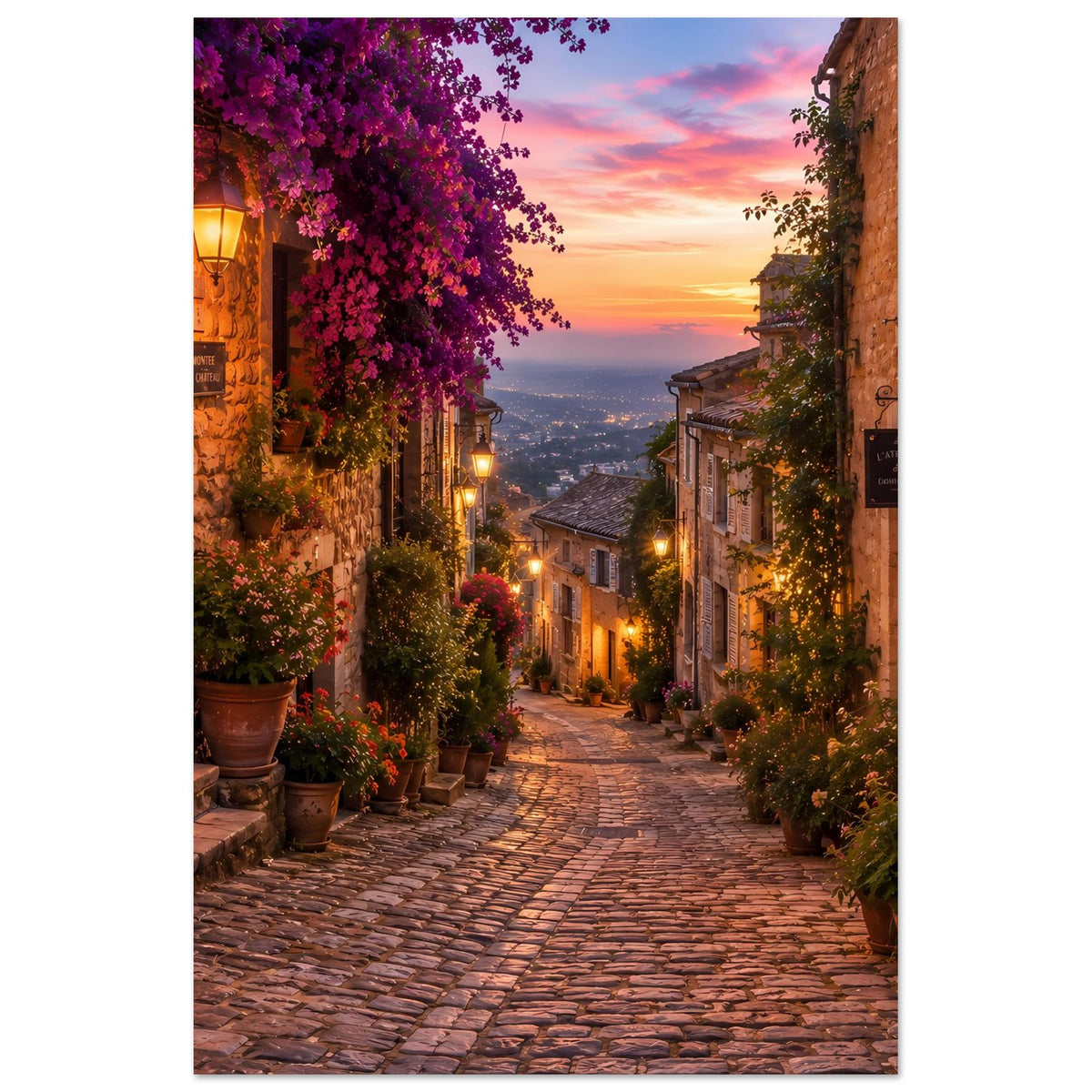 Poster mit Dorfstraße im Sonnenuntergang, warmem Licht, Blumenvasen und Häuserfassaden