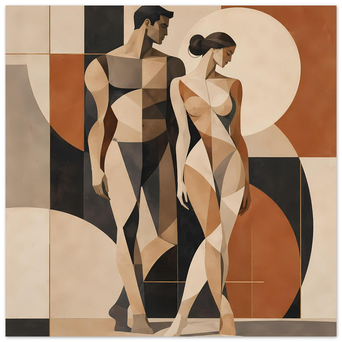 Kunstdruck: Paar-Aktfiguren in geometrischen Polygonen, Erdtöne und helle Kreisflächen