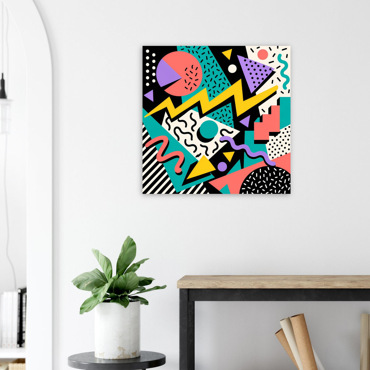 Quadratisches Poster mit geometrischen Symbolen in leuchtenden Farben und schwarzem Rand