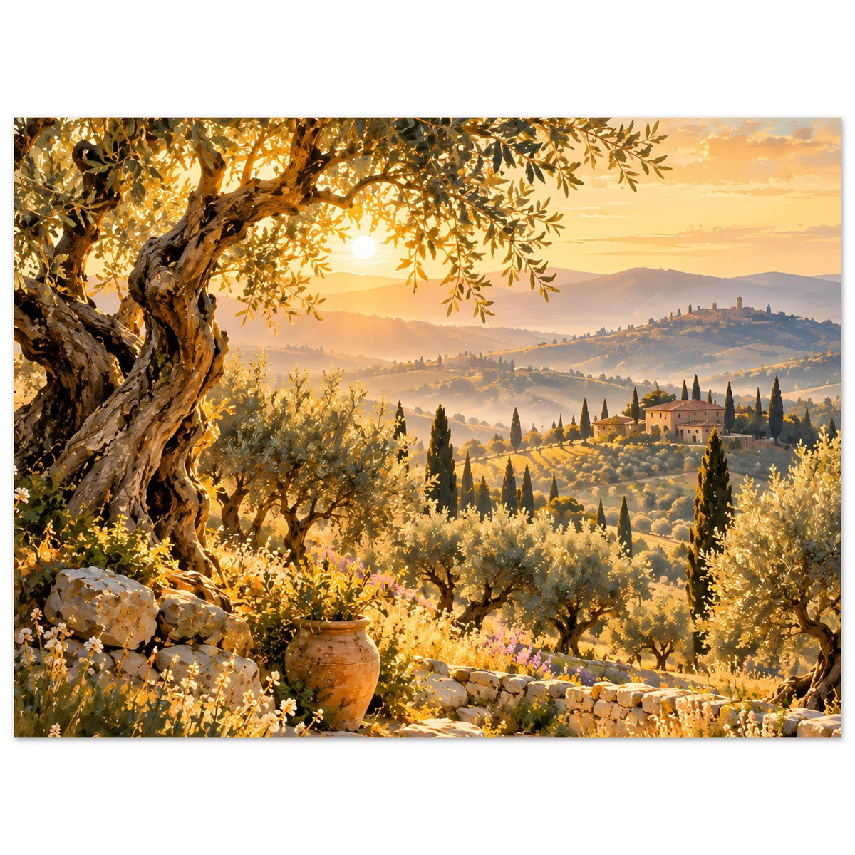 Landschaftsposter mit Olivenbaum, goldener Landschaft und Dorfansicht, querformat