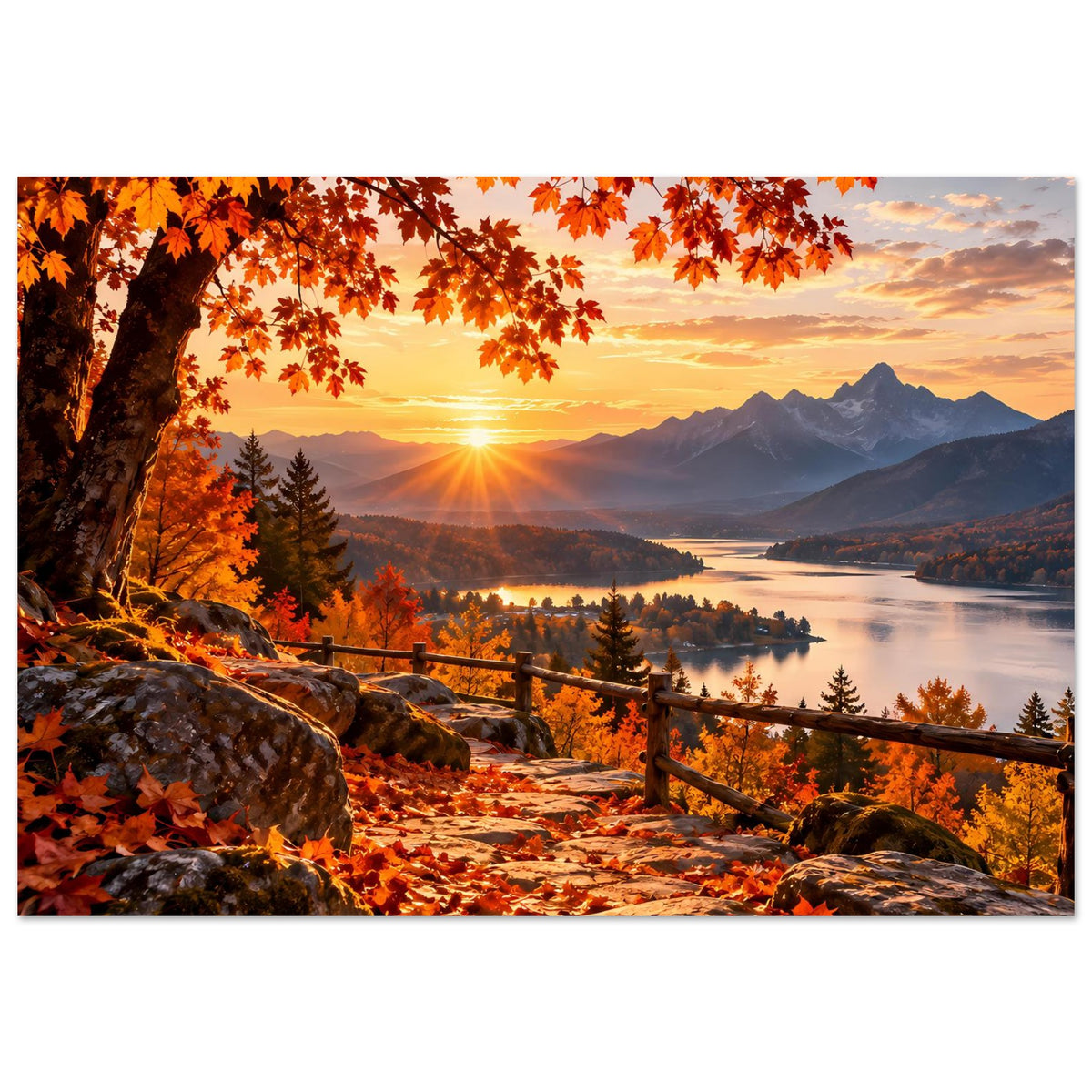 Herbstlandschafts-Poster im Querformat: sonniger Abendhimmel, Bergkette, See und Herbstlaub