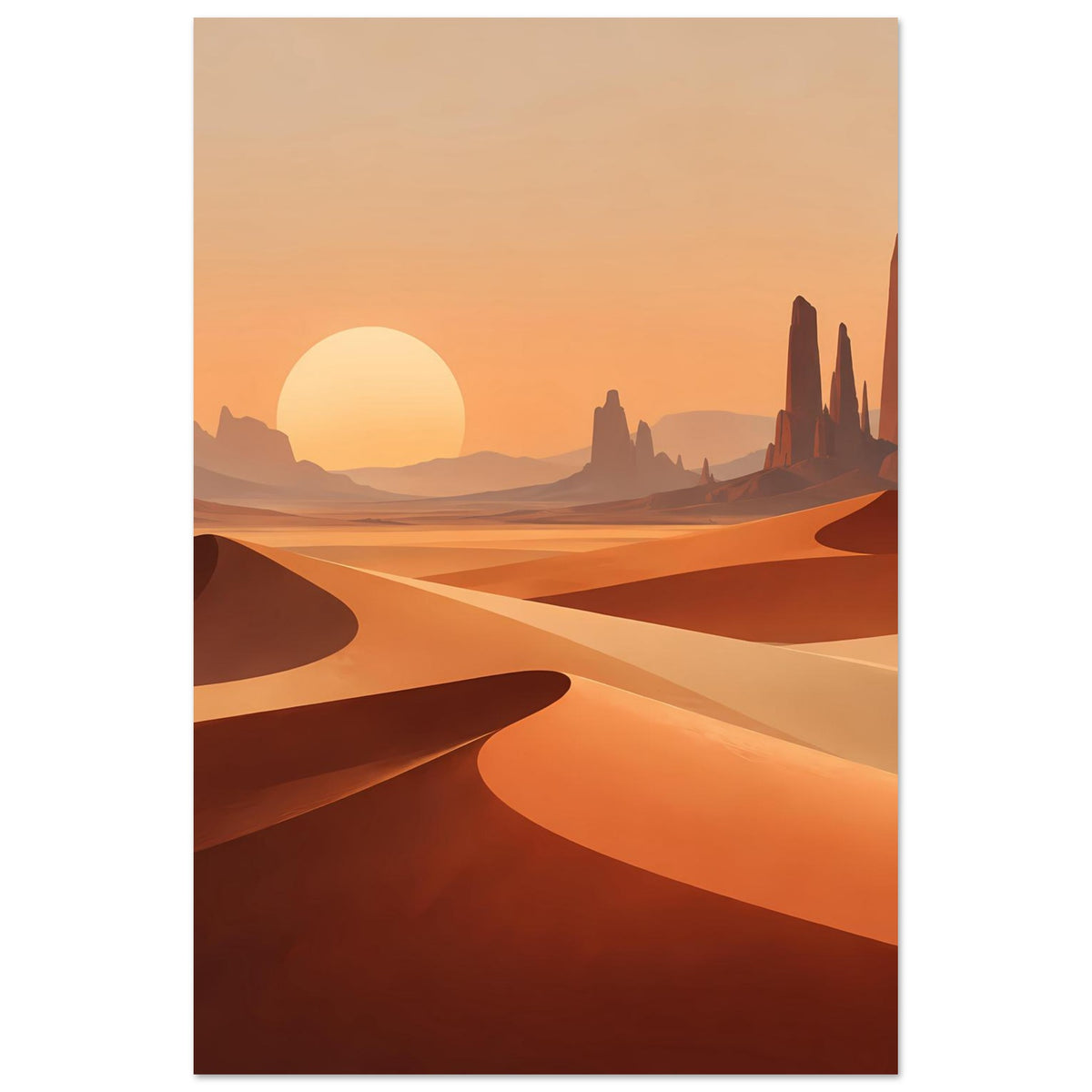 Vertikales Poster mit orangefarbenem Himmel, Dünen und Felszinnen in Sandtönen.