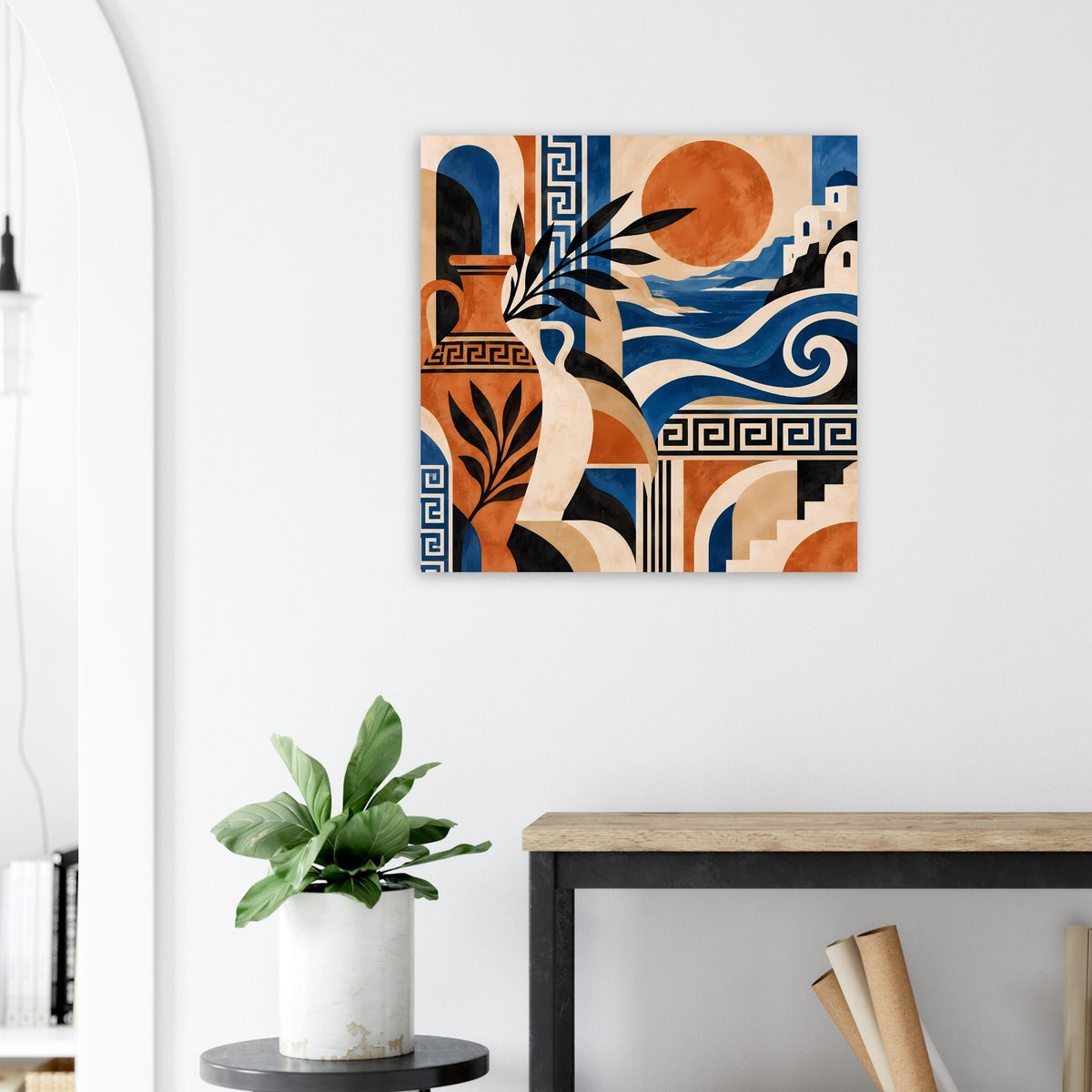 Abstrakter quadratischer Kunstdruck mit Frau, Vogel, Sonne und blau-orange Wellenornamenten