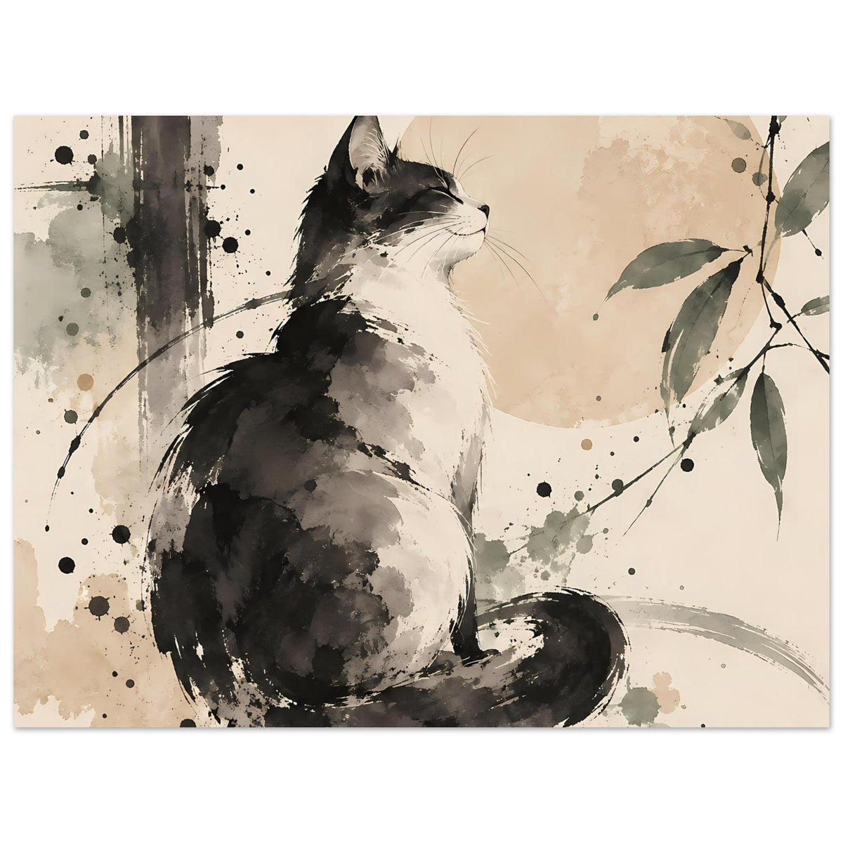 Poster im Querformat mit sitzender Schwarzweiß-Katze, Pinselspuren und Blattzweig links