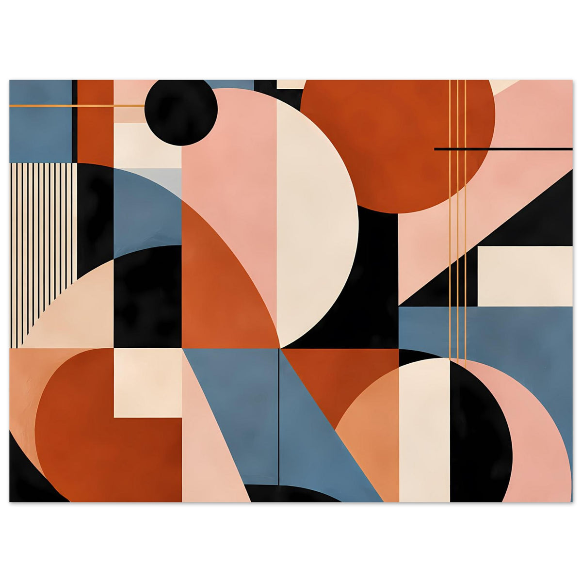 Geometrisches Kunstposter mit Kreisen, Rechtecken und feinen Linien in Terrakotta und Staubblau.