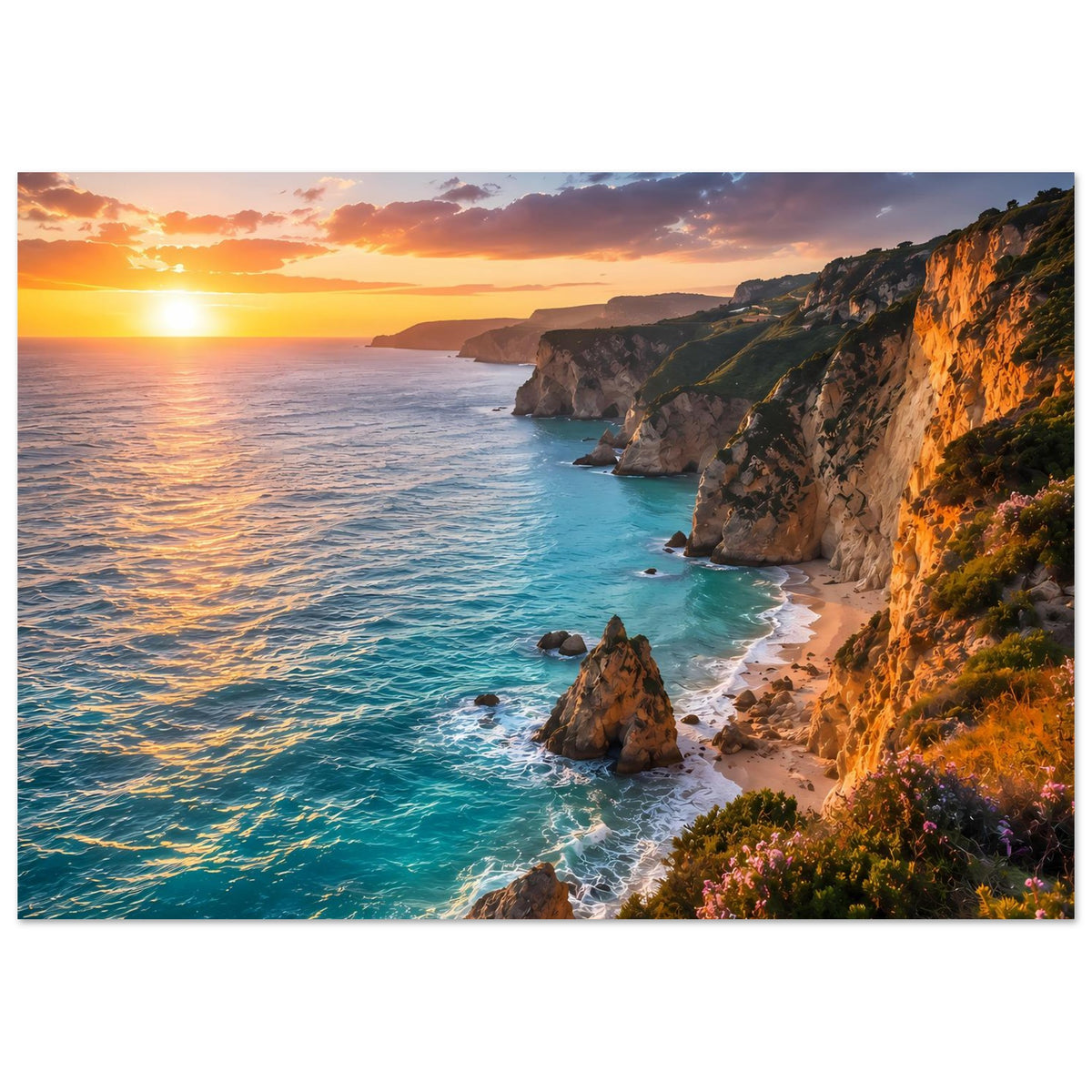 Breites Poster Sonnenuntergang am Meer: türkisfarbene Wellen, Felsenküste, orangefarbener Himmel