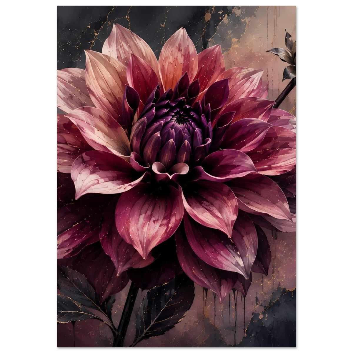Vertikales Dahlienposter: dunkle violette Blüte mit hellen Akzenten und goldenen Linien