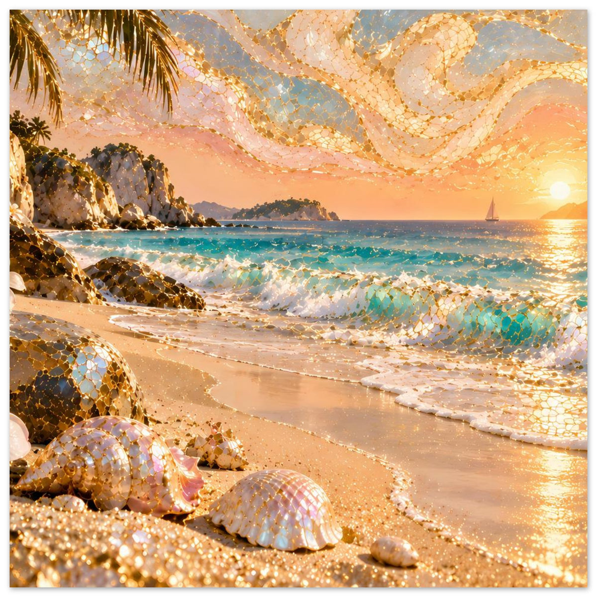 Strandlandschafts-Poster mit goldenen Mosaikakzenten: Uferlinie mit Wellenkämmen und Muscheln