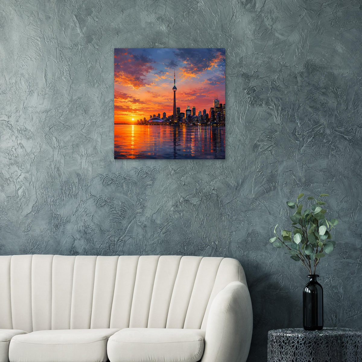 Quadratisches Poster mit Stadt-Skyline bei Sonnenuntergang, Fluss und Fernsehturm.