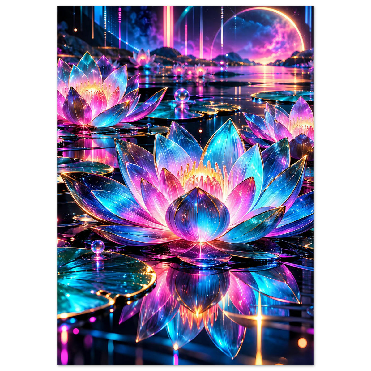 Leuchtendes Neon-Lotus Poster mit symmetrischer Blüte und violett-blauen Highlights