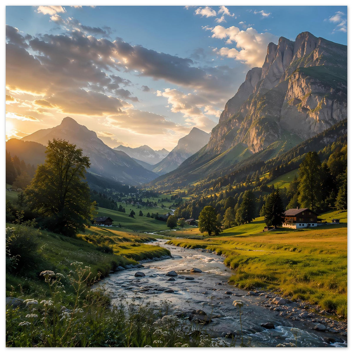 Poster mit Alpenlandschaft im Abendlicht, Bach durch Tal, Felsberge und Felder
