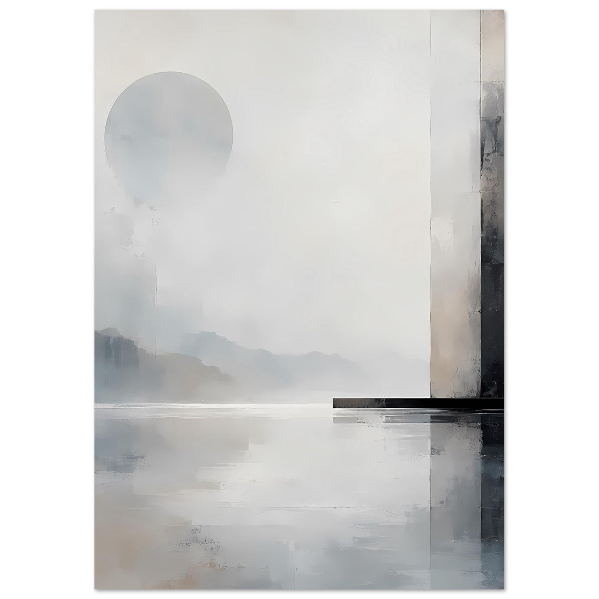 Kunstdruck mit nebligen Bergformen und Horizontlinie, Sonnenscheibe links, dunkle Wand rechts