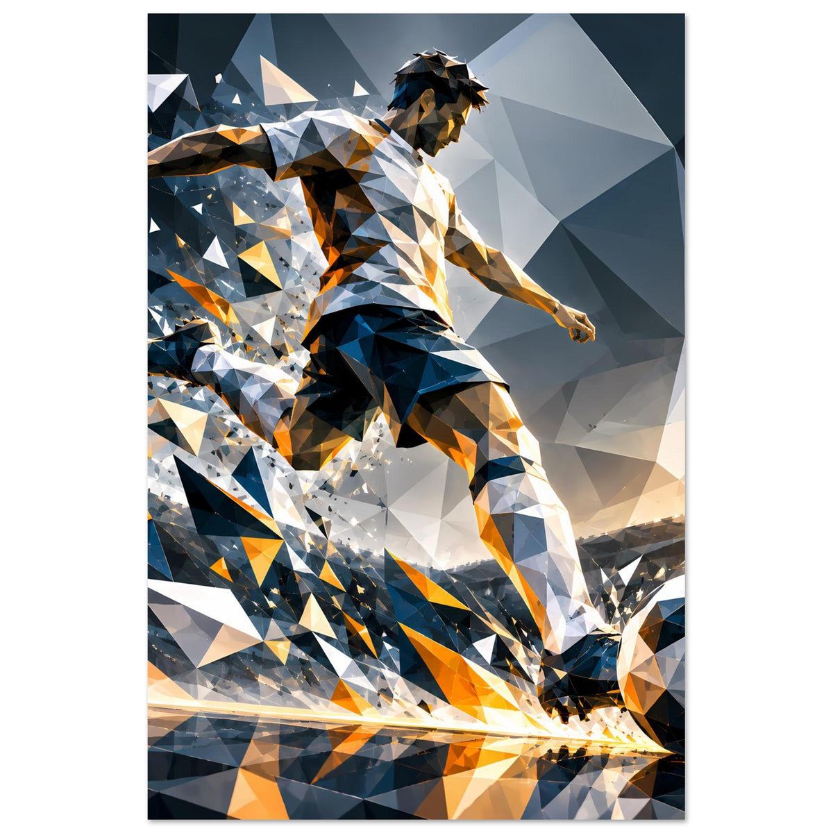 Fußballposter im Hochformat mit abstraktem Spieler in Blau und Orange, Ball unten rechts