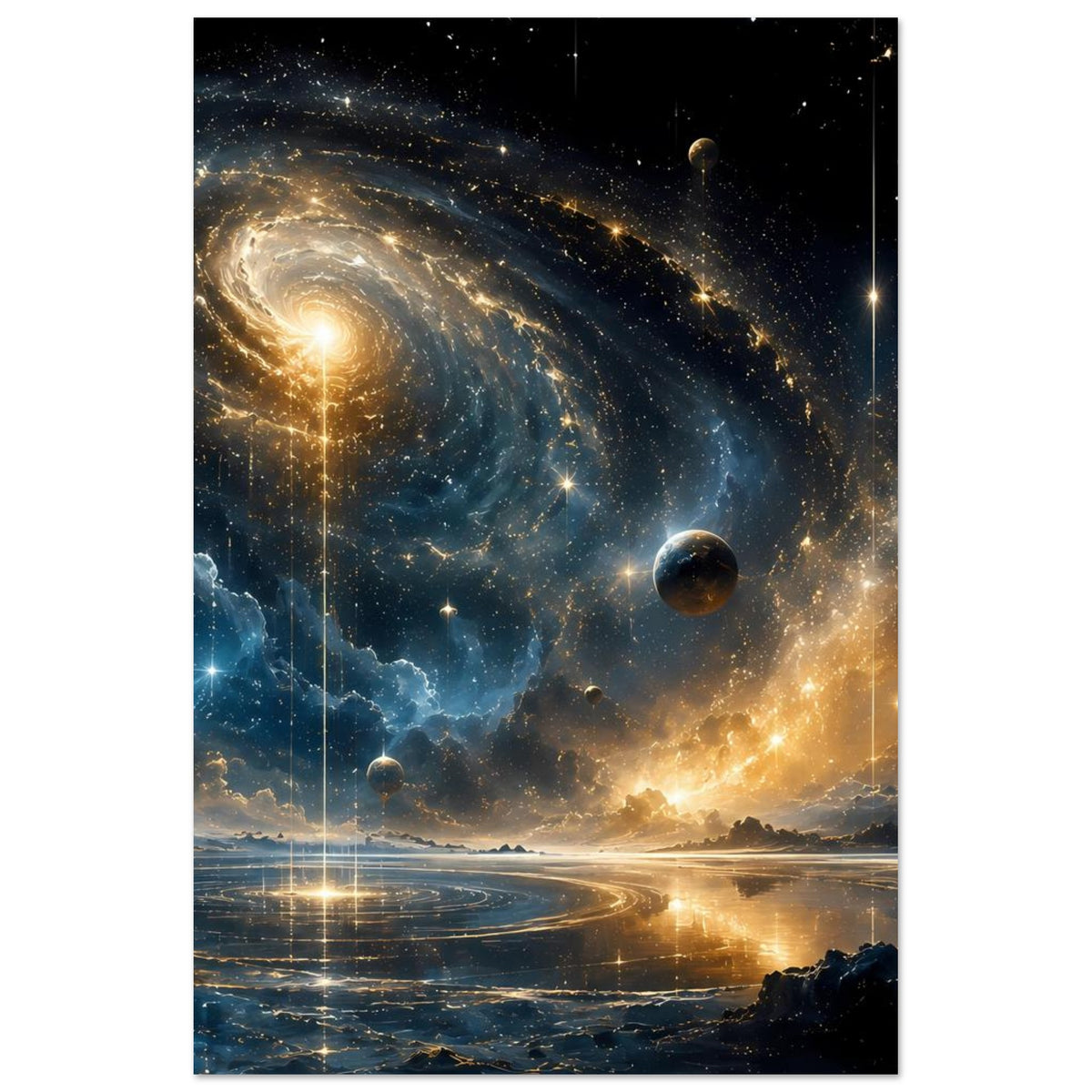 Vertikales Weltraum-Poster mit Spiralgalaxie, Planeten und Sternen, goldene Glut