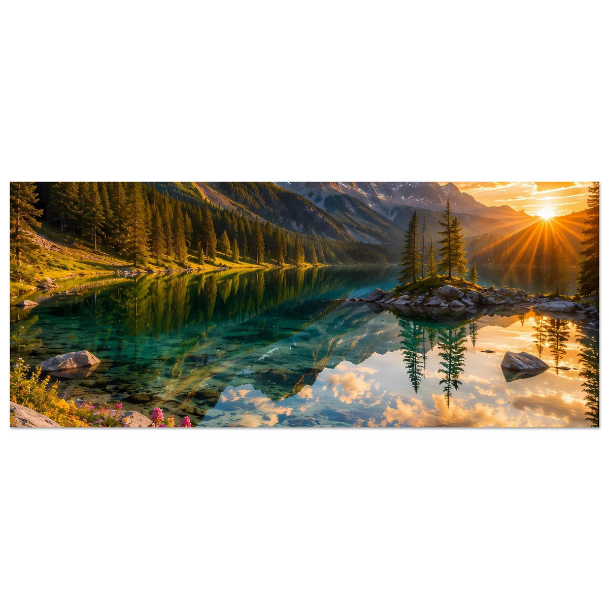 Landschaftsposter (Querformat): Sonnenaufgang, Berge, See mit Baum und Blüten