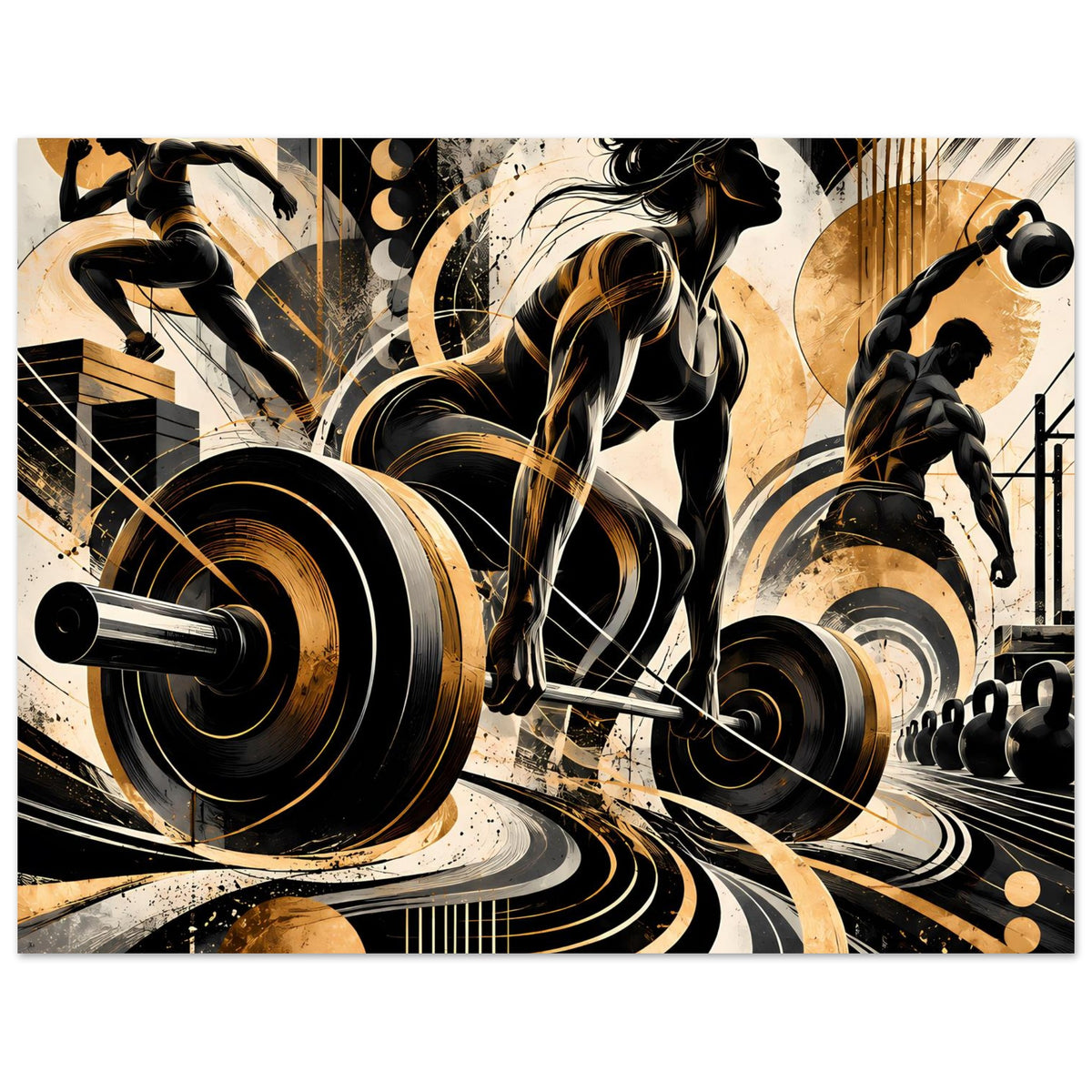 Fitness-Action Poster im Querformat mit Athlet und Langhantel, abstrakt in Gold und Schwarz