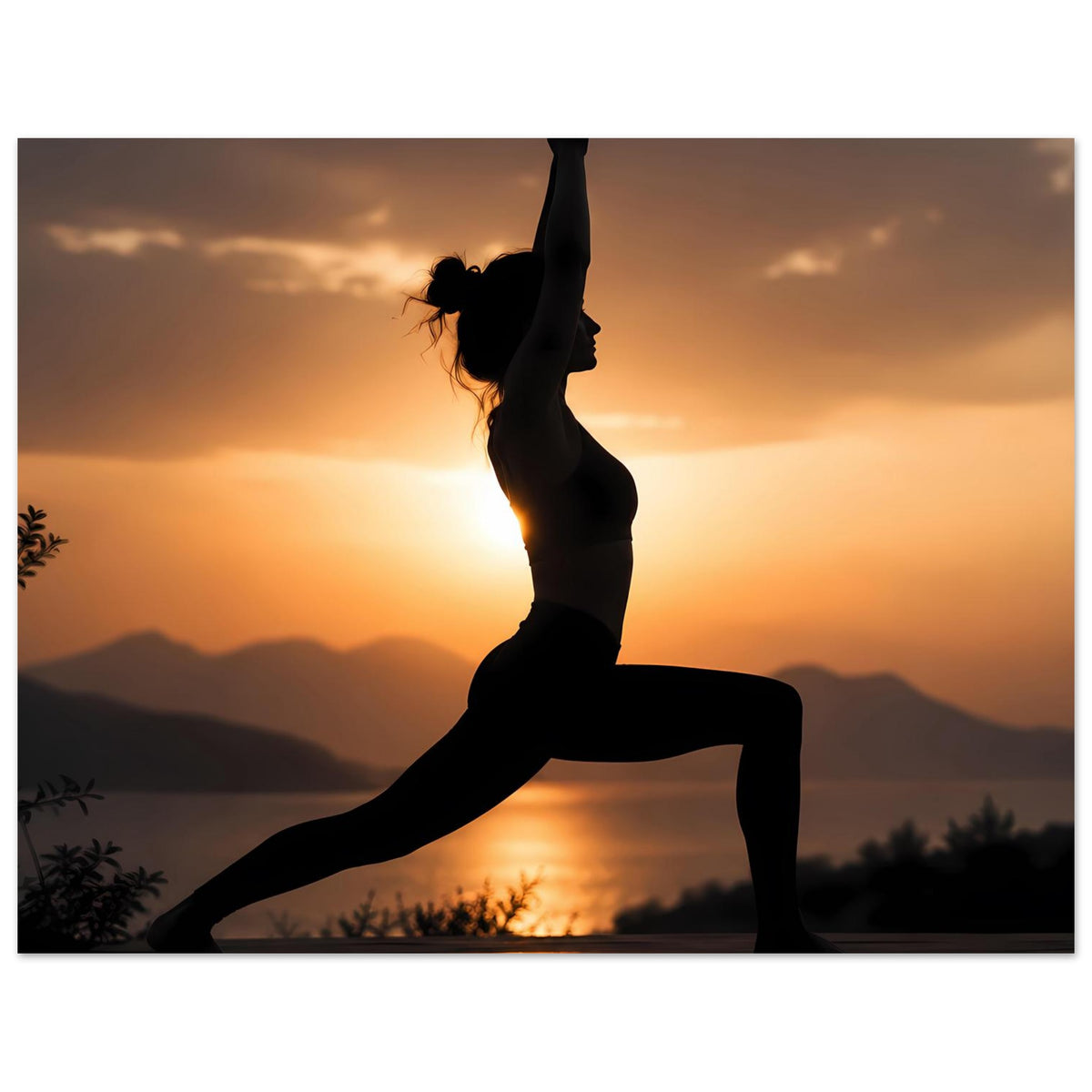 Yoga-Poster im Hochformat: Silhouette in Einbein-Haltung, Arme nach oben