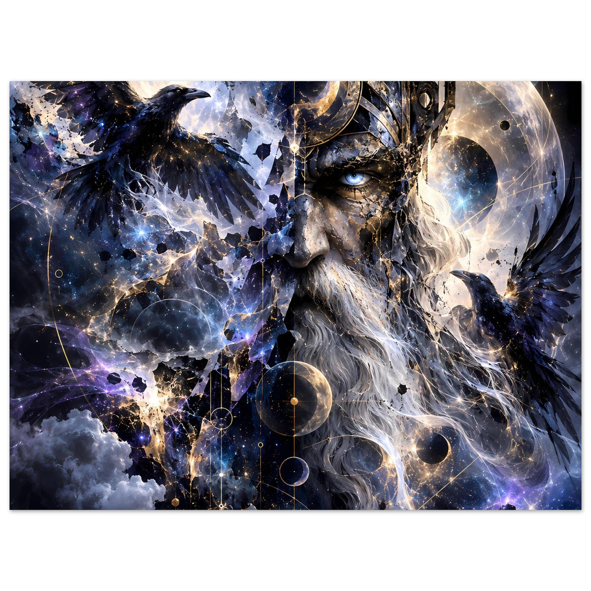 Fantasy-Poster im Querformat: weißbärtiger König, Krähe und leuchtende Planeten