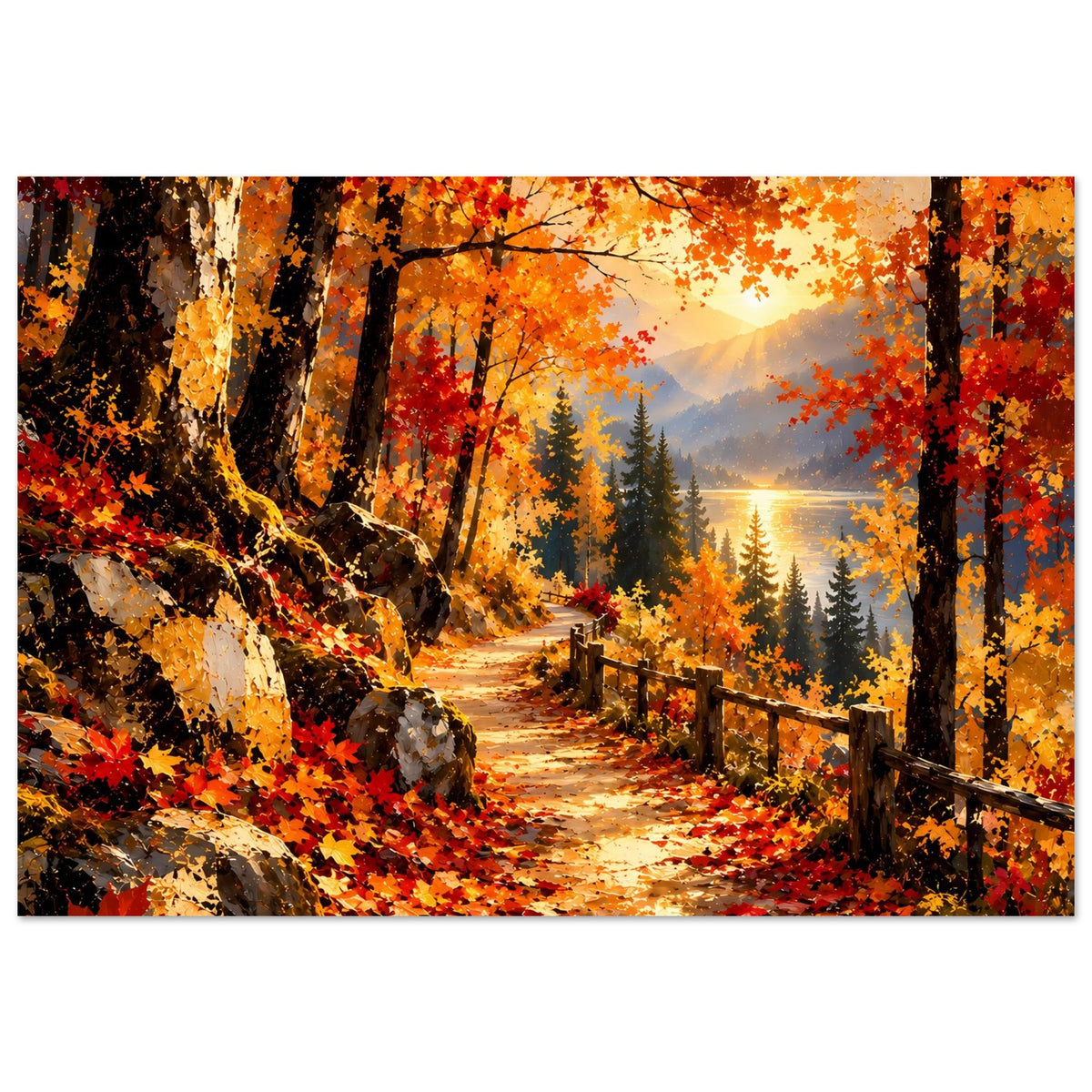 Herbst-Wanderweg-Poster im Querformat: Blick in den Wald mit Zaun, Herbstlaub und tiefer Sonne.
