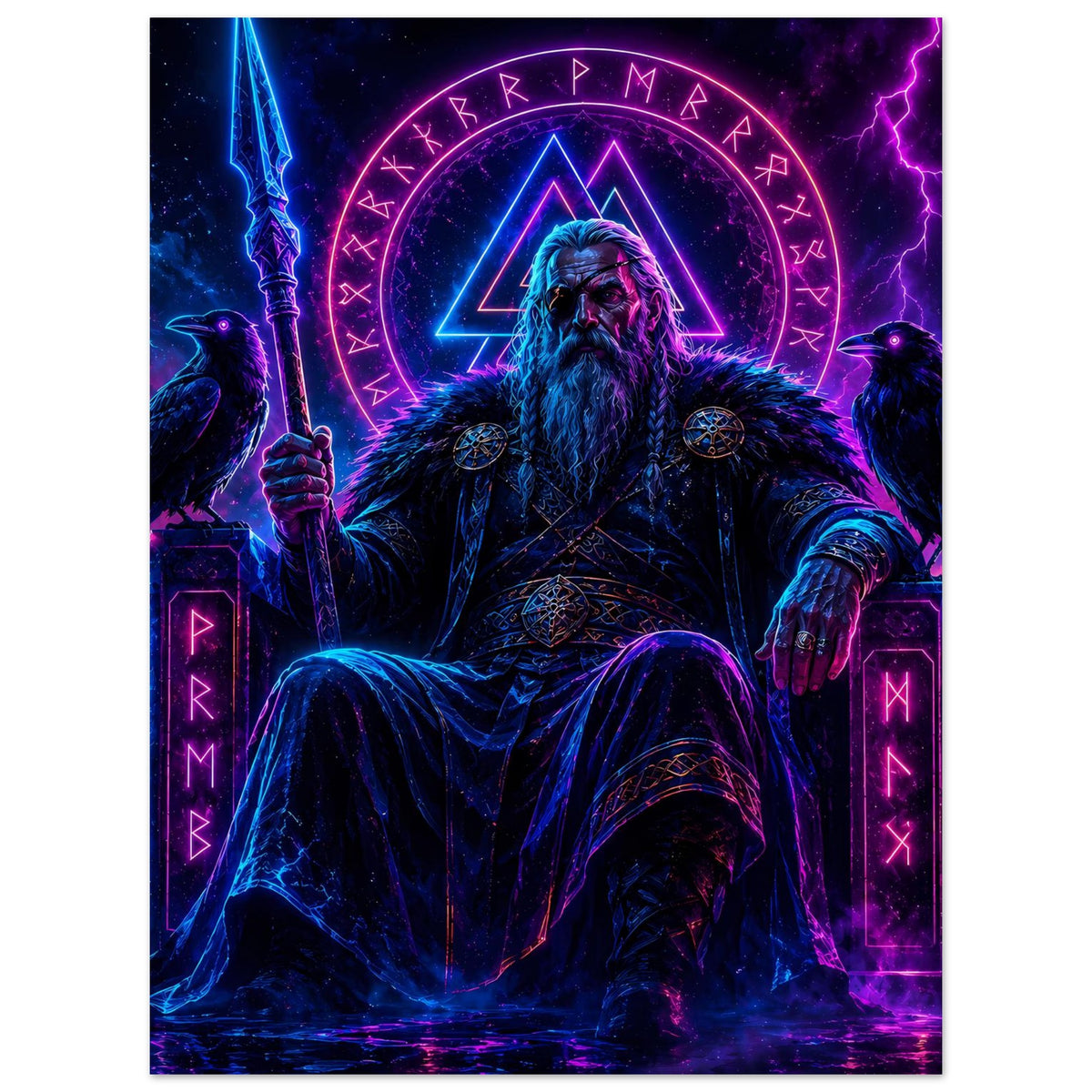 Fantasy-Poster: neonfarbener Wikingerkönig mit leuchtendem Dreieckssymbol und Runen im Hintergrund