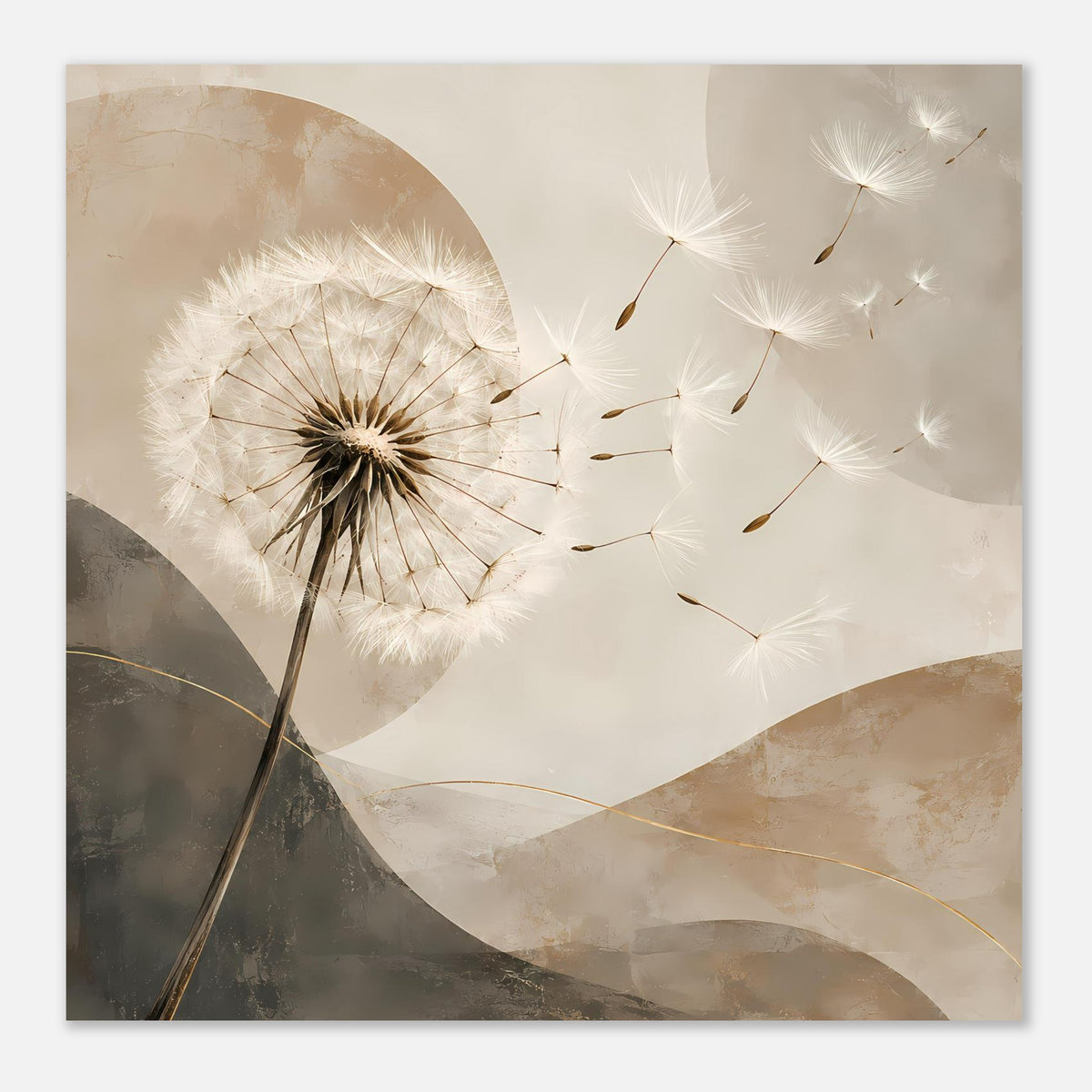 Poster mit Pusteblume links und Fallschirmen rechts, cremefarbene und warme Erdtöne