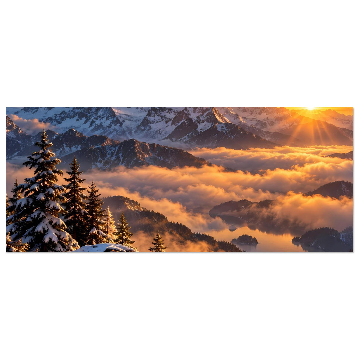 Querformat-Poster mit Berggipfeln, Tannen und Wolken; Sonne am oberen Bildrand
