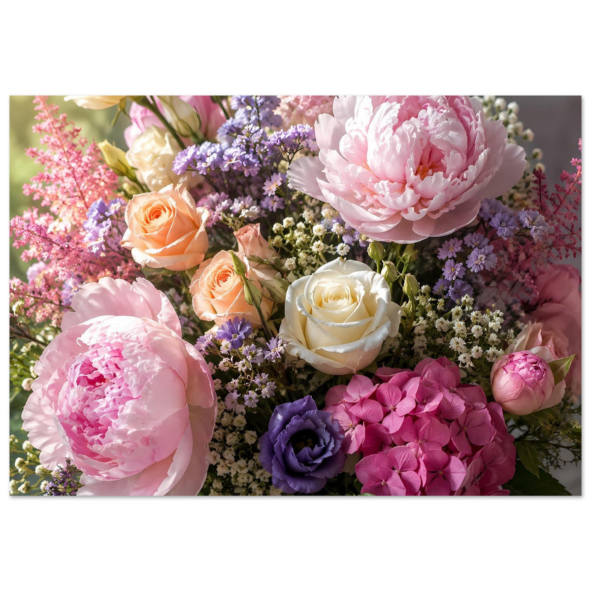 Pastellblumenstrauß-Poster mit Pfingstrosen, Hortensien und Rosen in Rosa, Orange, Lila und Creme