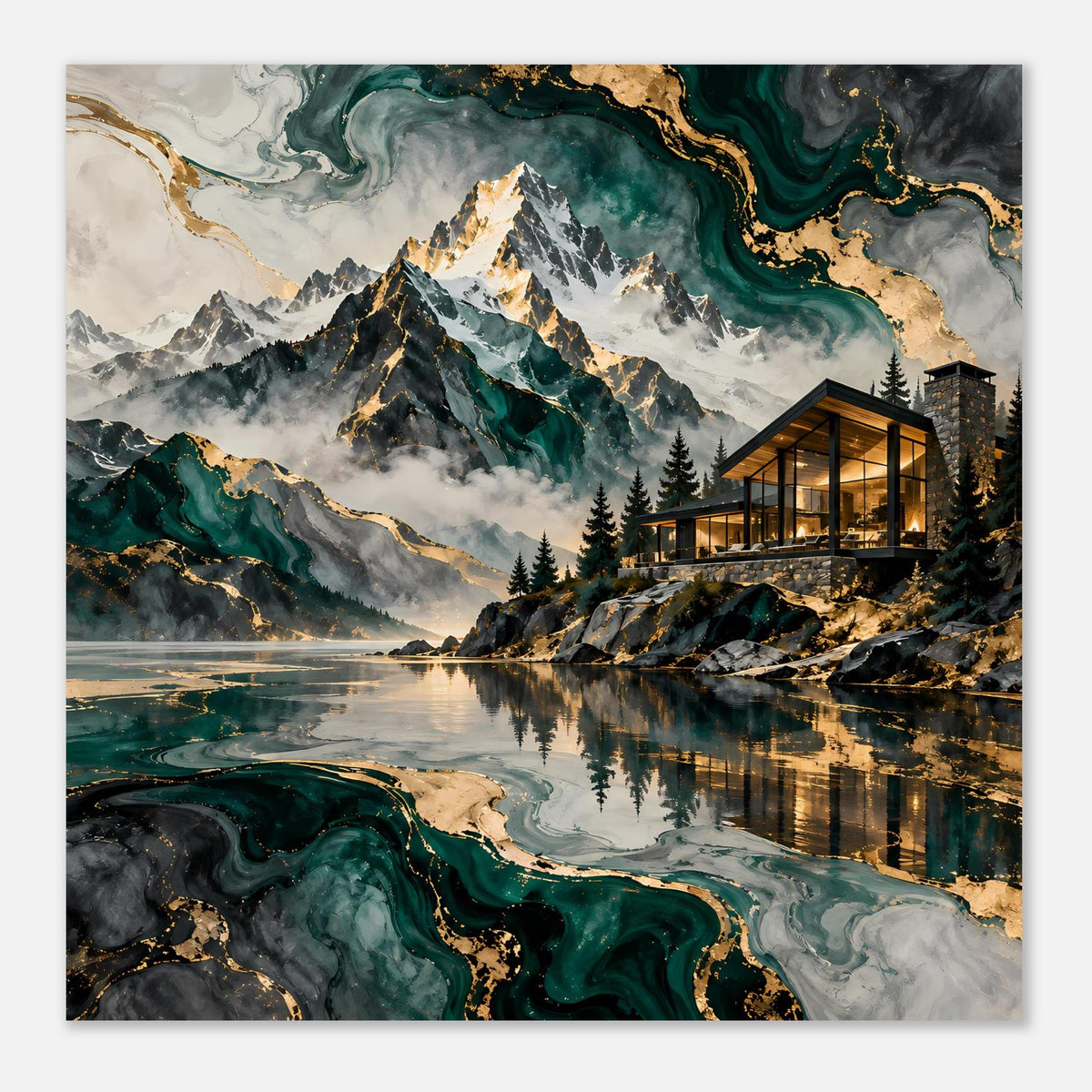 Naturblick-Poster mit Bergsee, Felsen und modernem Holz-Glas-Haus in Grün & Gold