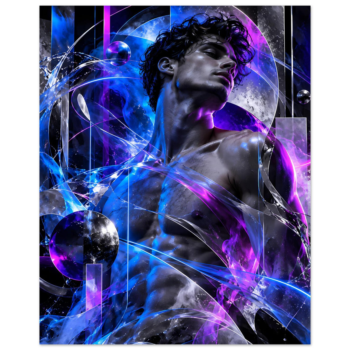 Futuristisches Poster im Hochformat: Energiefigur mit blauen und violetten Lichtreflexen