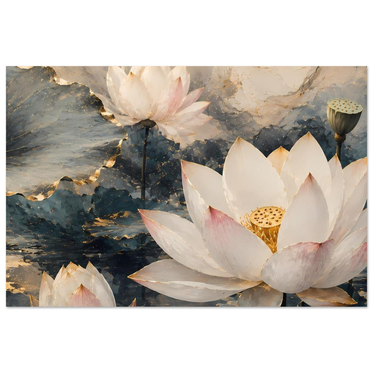 Lotusblumen-Poster, horizontales Nahmotiv mit Seerosenblüten, goldener Pollenmitte und Stielen