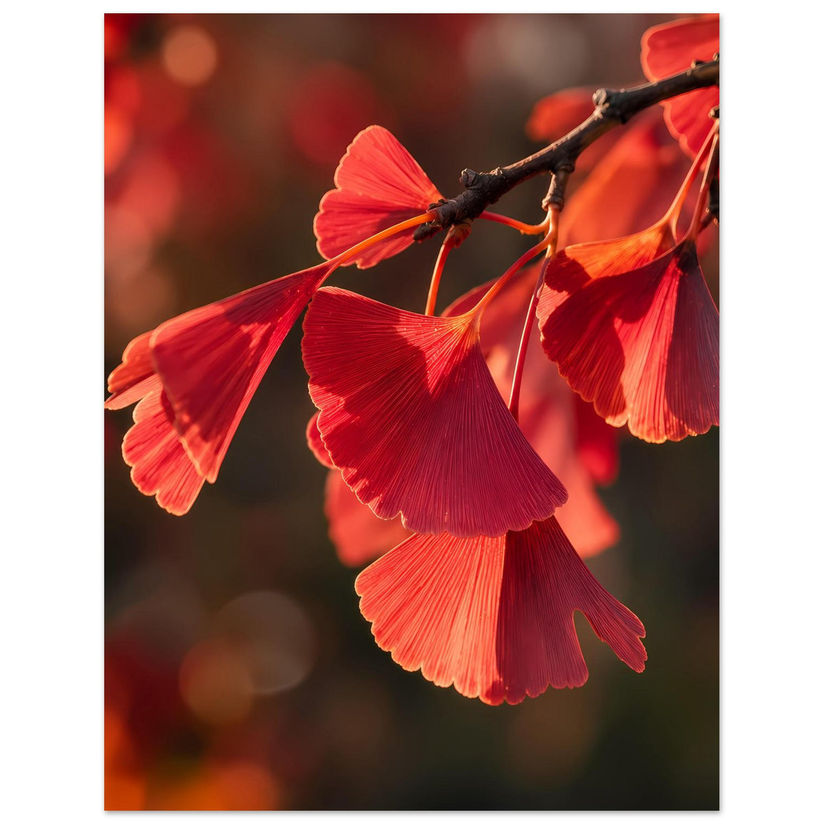Premium-Mattposter mit roten Ginkgo-Blättern am Ast, scharfes Mittelmotiv