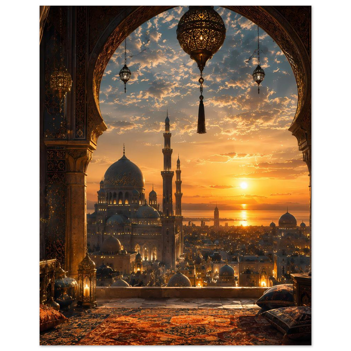 Wandposter im Hochformat: Sonnenuntergang über Moschee, große Kuppel und Minarette im Bogen