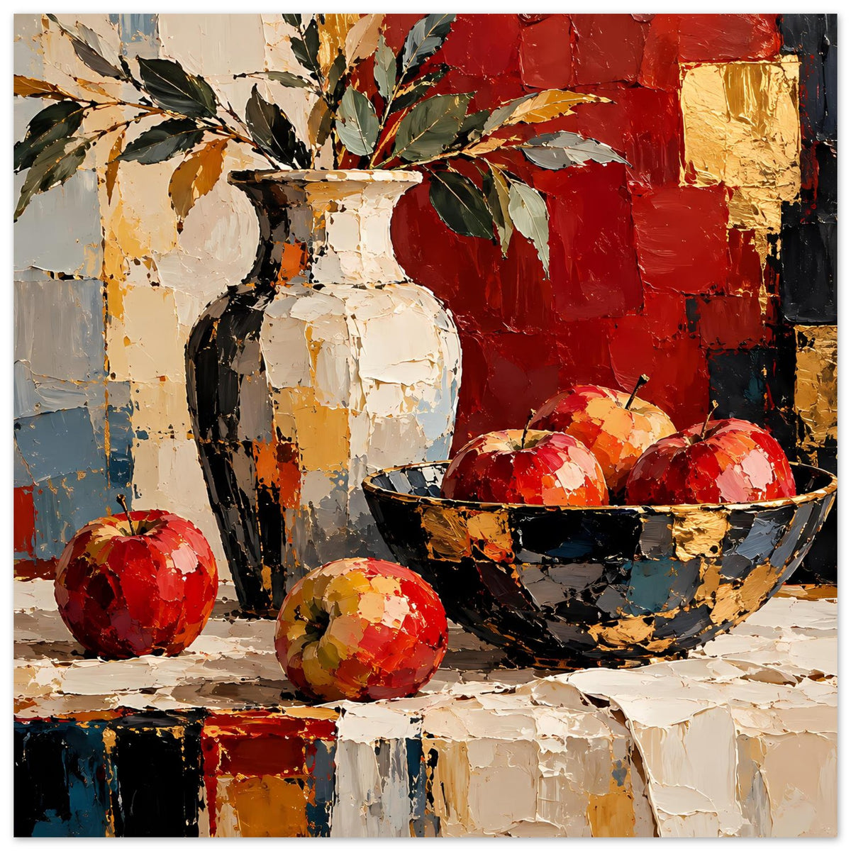 Kunstposter mit Stillleben: Vase mit Blättern, Schale mit Früchten und rote Kugeln