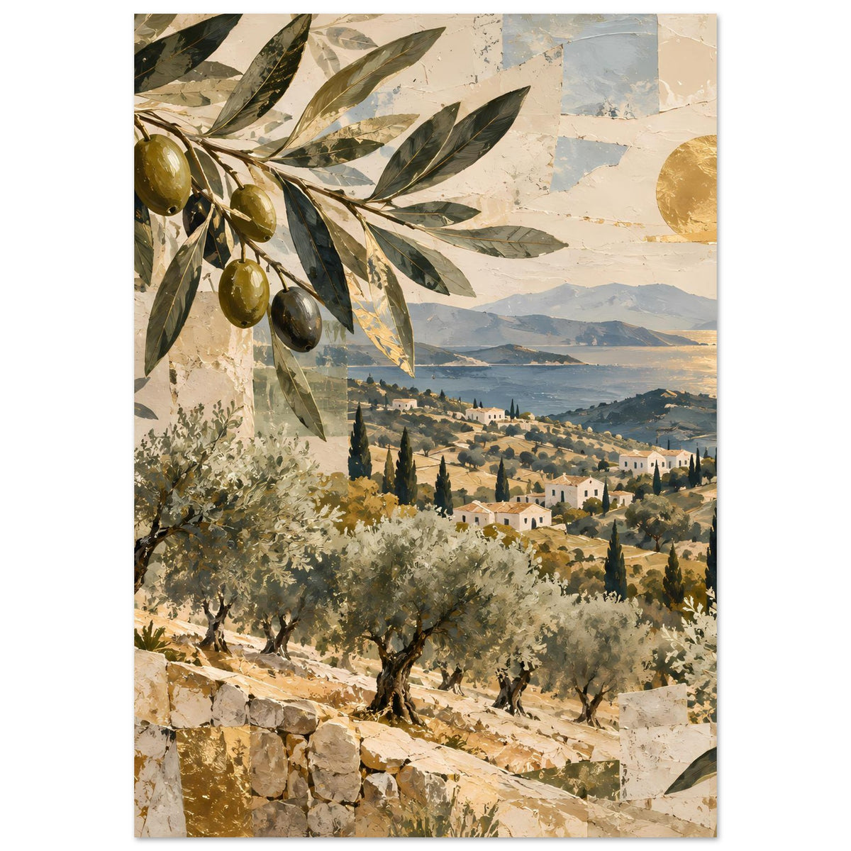 Mediterranes Olivenhain-Poster Hochformat mit Olivenzweig, Steinstufen und Tal