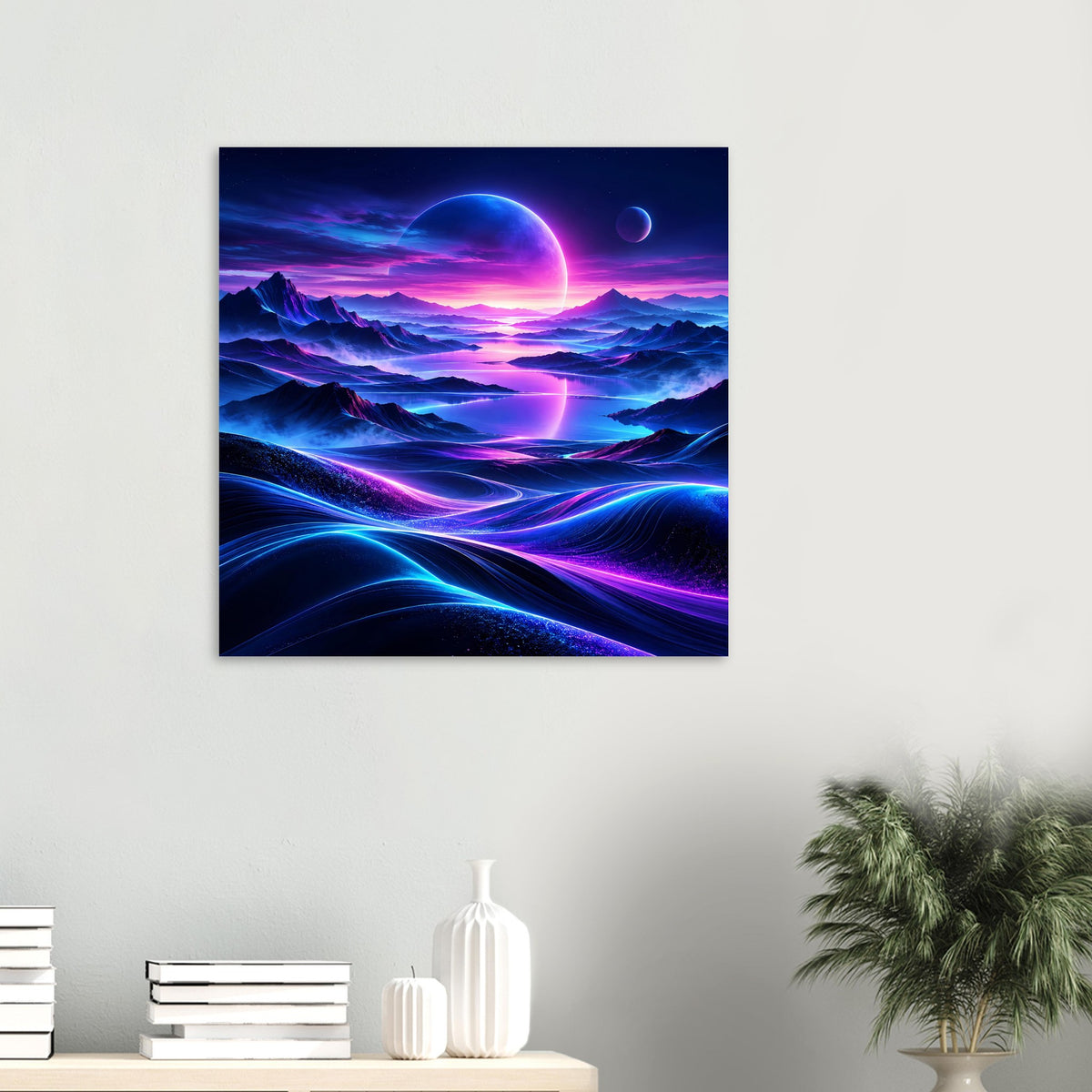 Kleines Neon-Weltraum-Poster: blau-pink leuchtender Planet und farbige Energiespuren